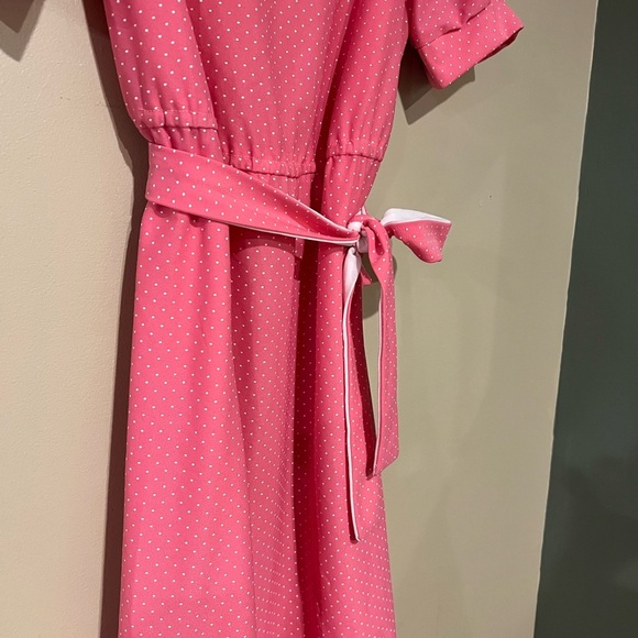 VINTAGE Montgomery Ward Pink Square Neck Polka Dot Puff Sleeves Belted ** READ** - Picture 3 of 7